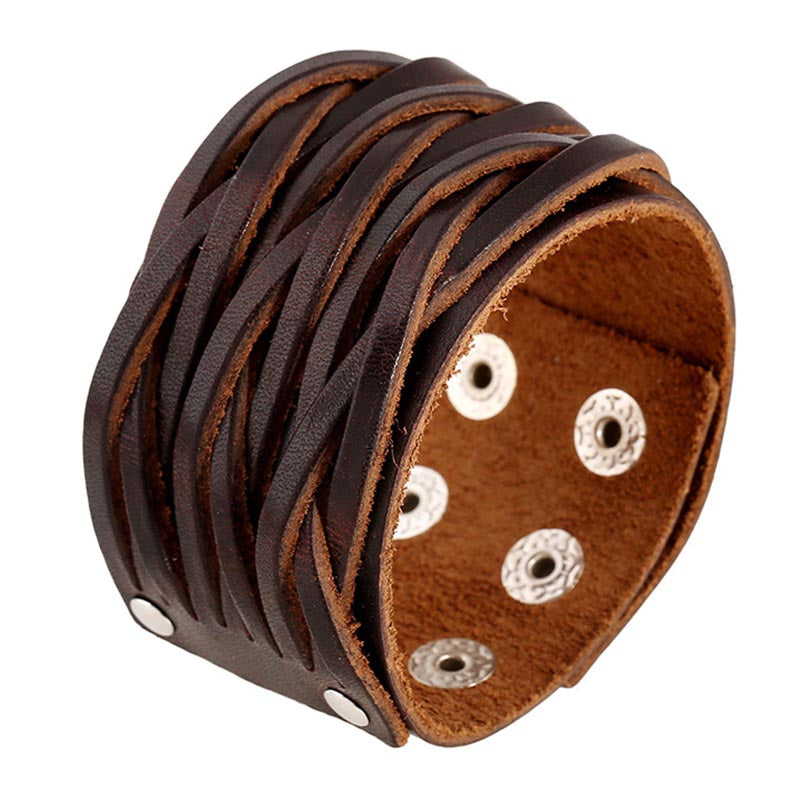 Retro Wide Leather Hand Woven Bracelet with Snap Button Cuff