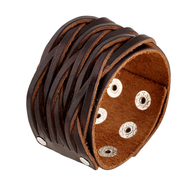 Retro Wide Leather Hand Woven Bracelet with Snap Button Cuff